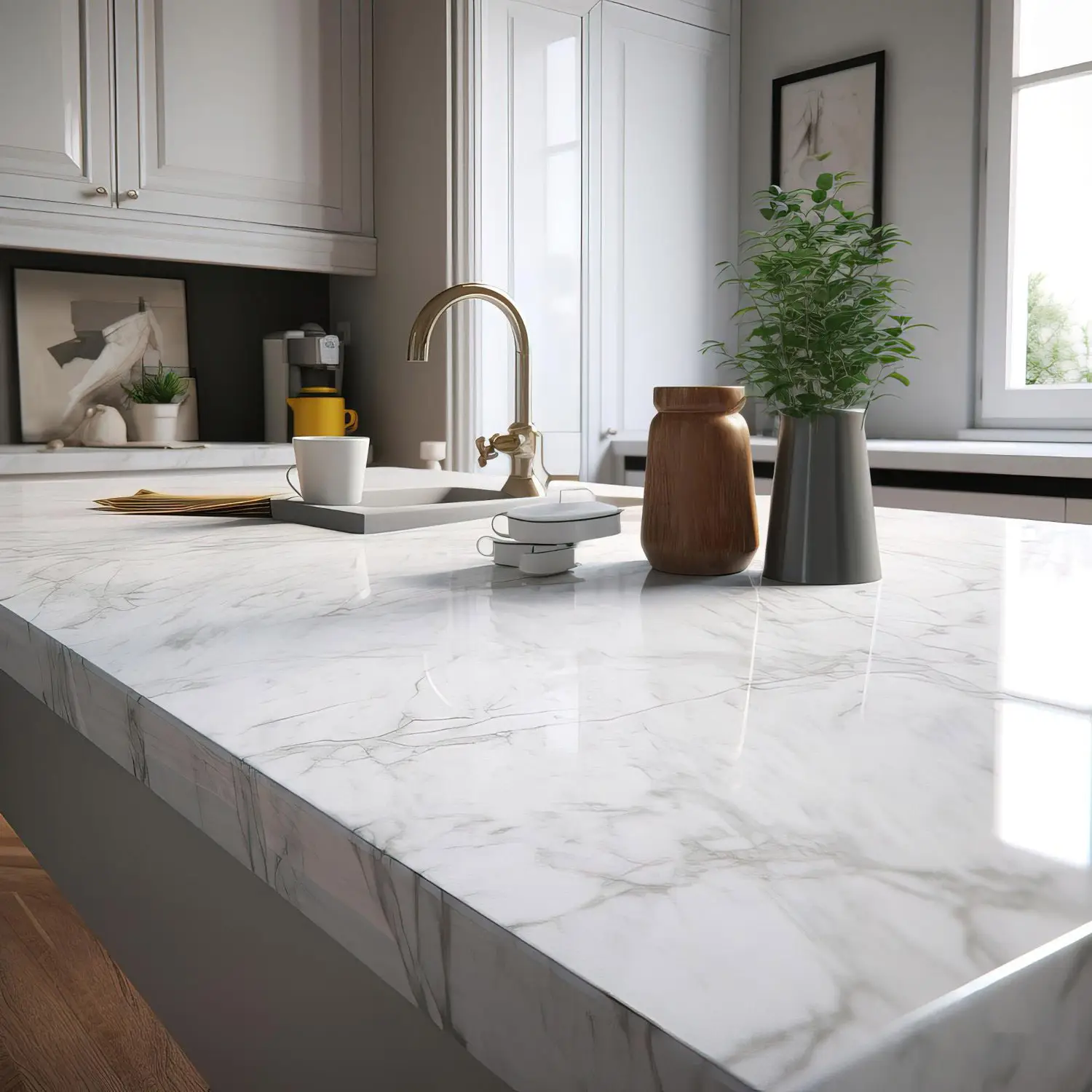 Sleek kitchen in Florida, with marble countertop, as a concept of kitchen remodel near me. Symbol of durable countertop options.