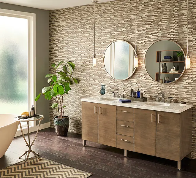 Coastal-inspired bathroom with soft beige tones, natural textures, and light finishes evoking a serene seaside retreat.