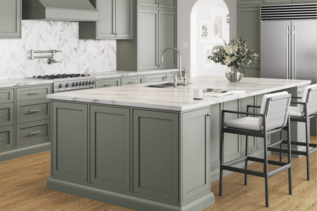 Modern kitchen in Sarasota, FL with contrasting mint cabinets and a white quartz countertop, showcasing the dilemma between refacing or replacing kitchen cabinets.