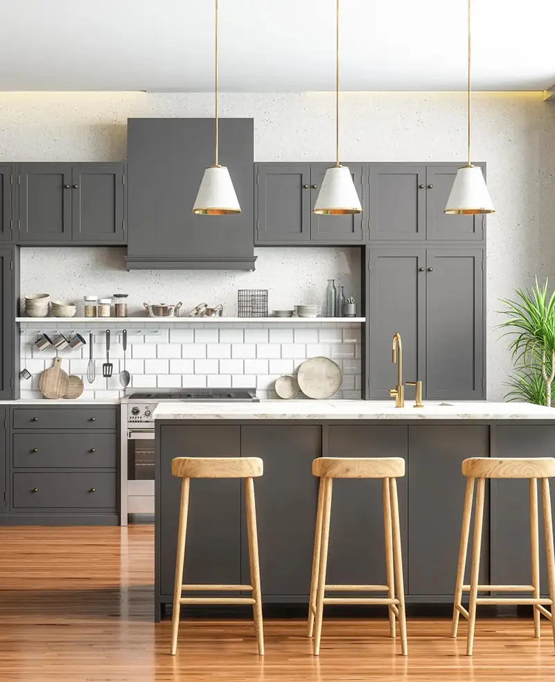 Modern kitchen with grey MDF cabinets showcasing smooth matte finish and clean, contemporary lines.