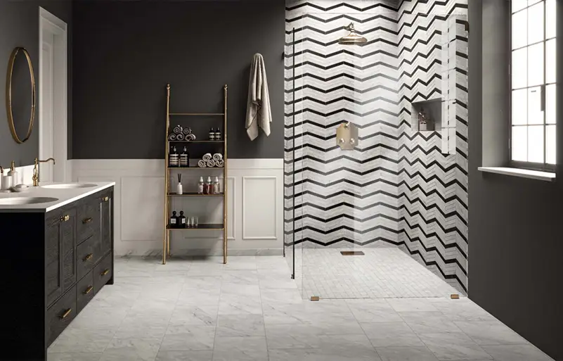 Bathroom with black and white wave-patterned tiles, adding dynamic contrast and a sleek, contemporary vibe.
