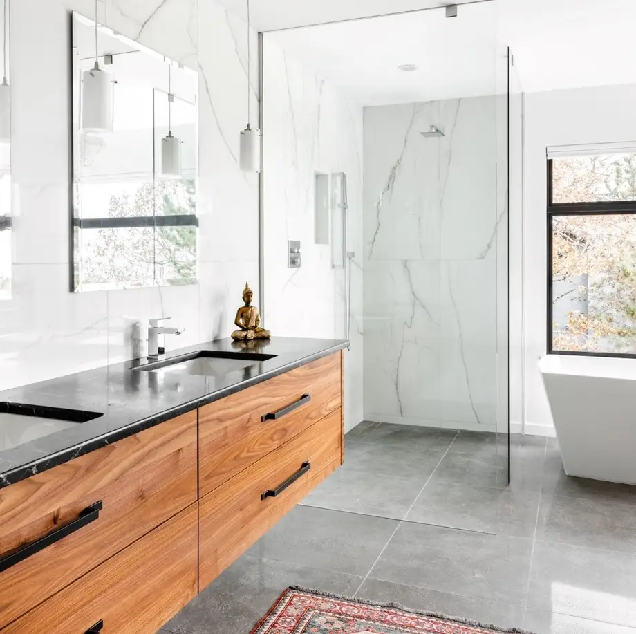 walk-in shower and wood countertops in Sarasota bathroom