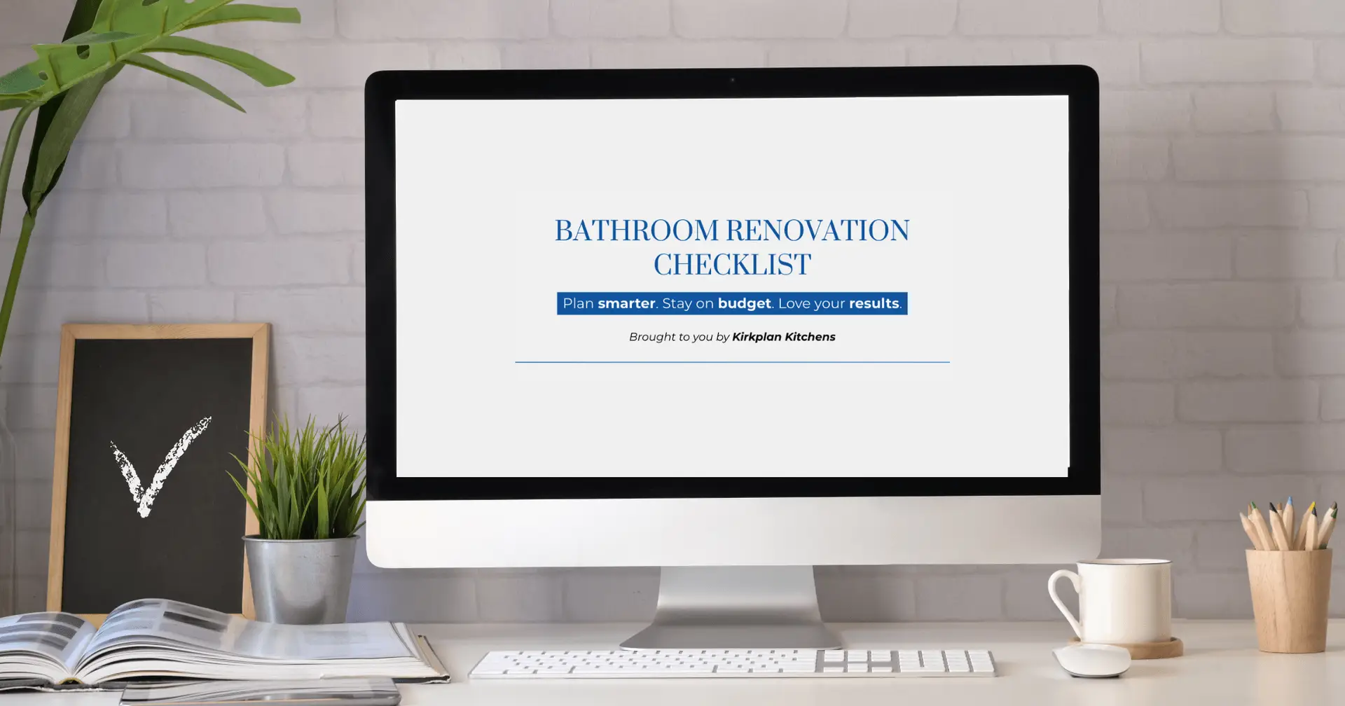 Laptop mockup showing a bathroom remodel checklist.