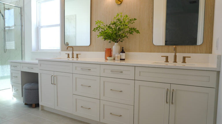 Bathroom remodeled by Kirkplan Kitchen - our recent Bradenton bathroom remodeling project, floating vs traditional bathroom vanities