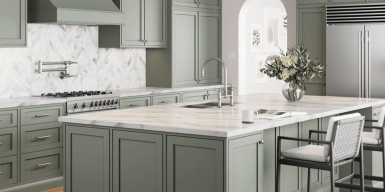 Modern kitchen in Sarasota, FL with contrasting mint cabinets and a white quartz countertop, showcasing the dilemma between refacing or replacing kitchen cabinets. Building a custom home in Florida when you live out of state