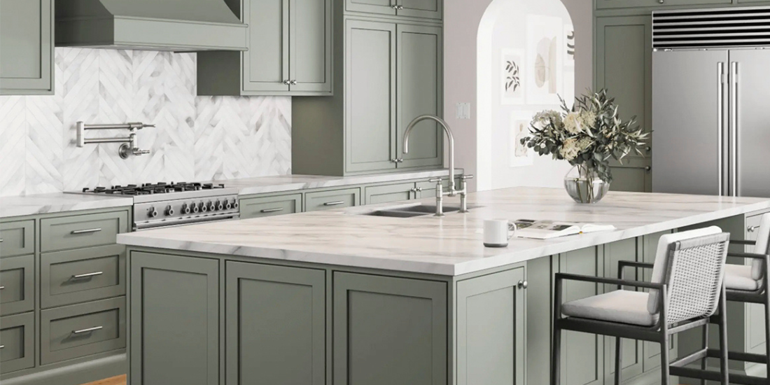 Modern kitchen in Sarasota, FL with contrasting mint cabinets and a white quartz countertop, showcasing the dilemma between refacing or replacing kitchen cabinets. Building a custom home in Florida when you live out of state