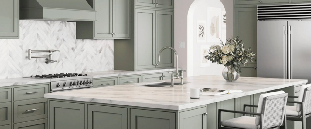 Modern kitchen in Sarasota, FL with contrasting mint cabinets and a white quartz countertop, showcasing the dilemma between refacing or replacing kitchen cabinets. Building a custom home in Florida when you live out of state
